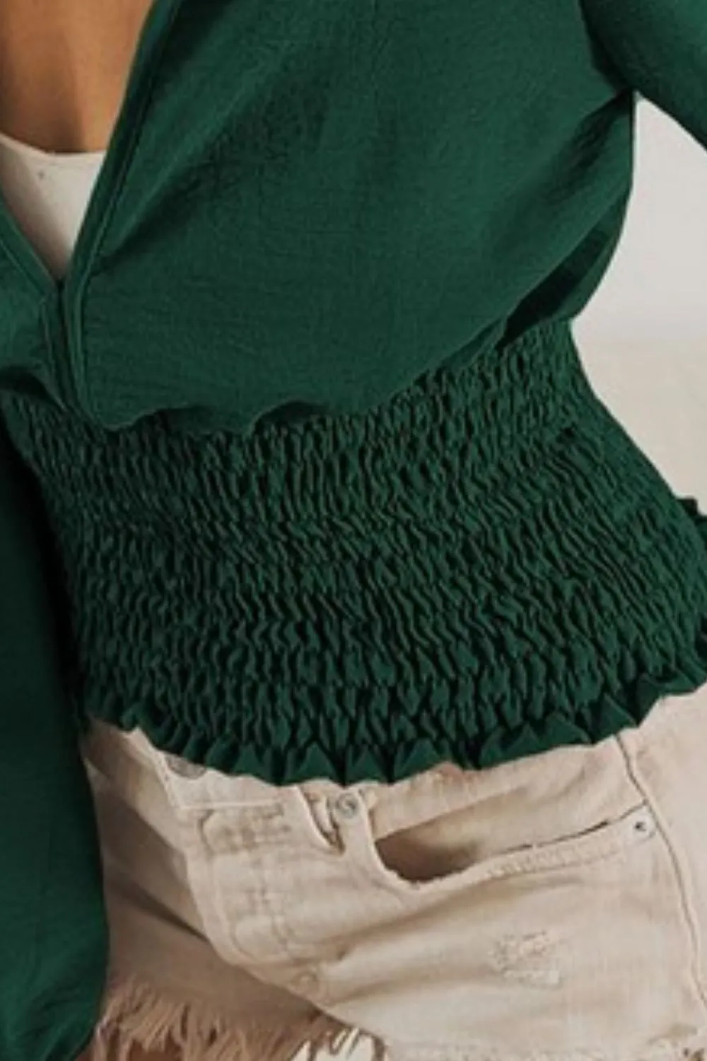Smoking Waist Band and Puff Sleeves Deep V Neck Top, image 3