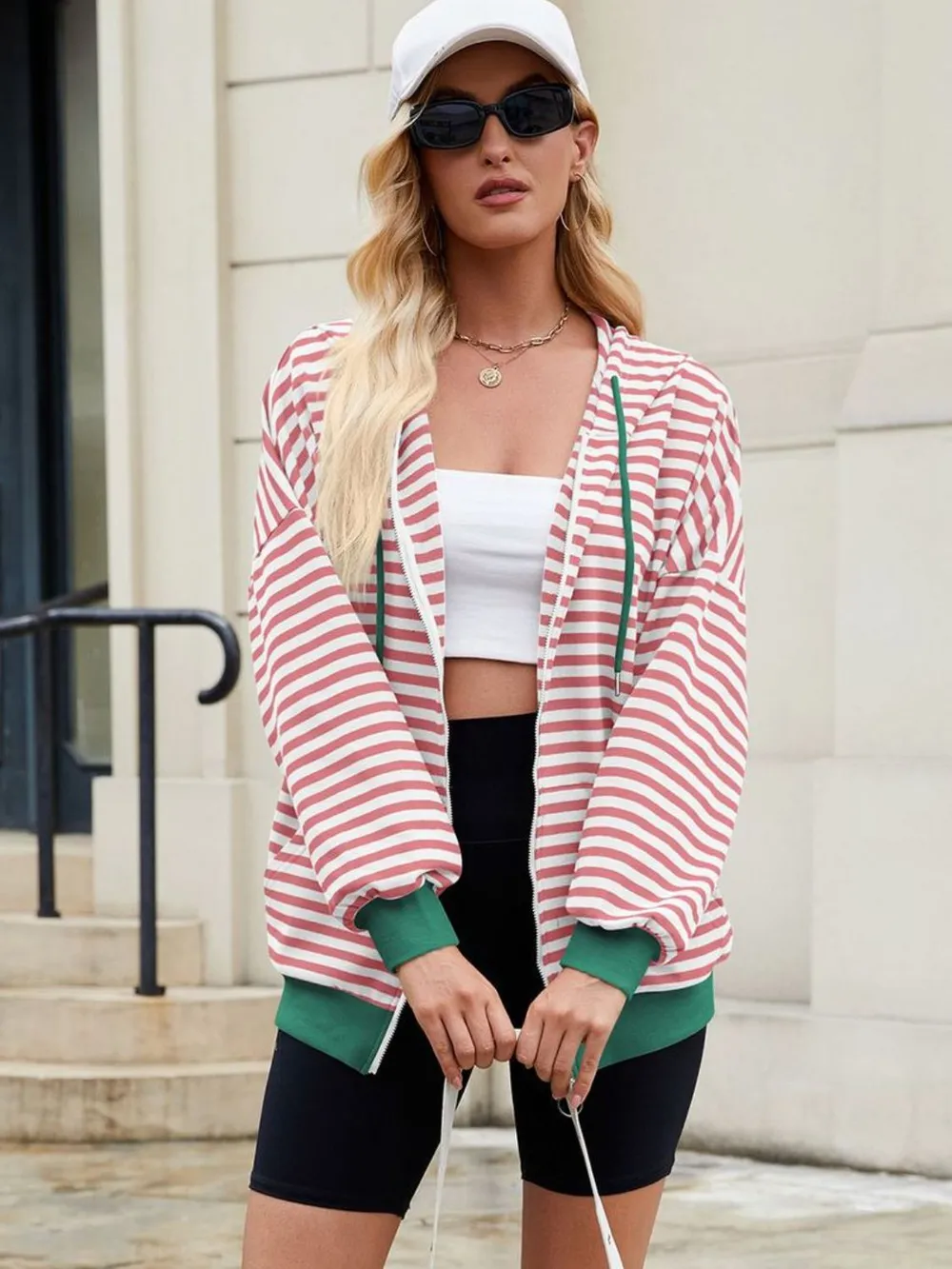Drawstring Striped Zip Up Long Sleeve Hoodie, image 14