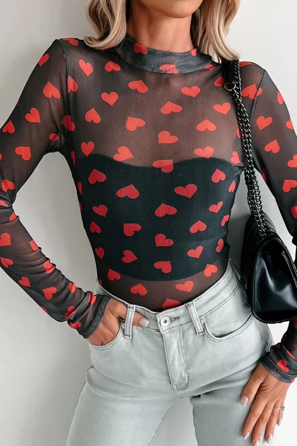 Valentines Heart Printed Sheer Mesh Long Sleeve Top, image 6
