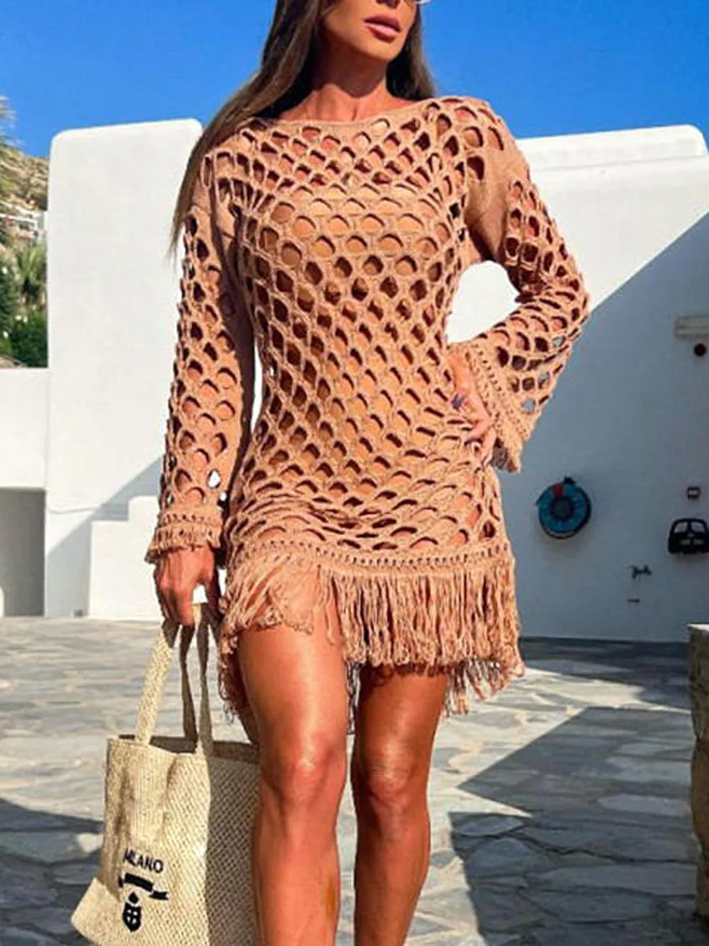 Fringe Cutout Long Sleeve Cover Up, image 4