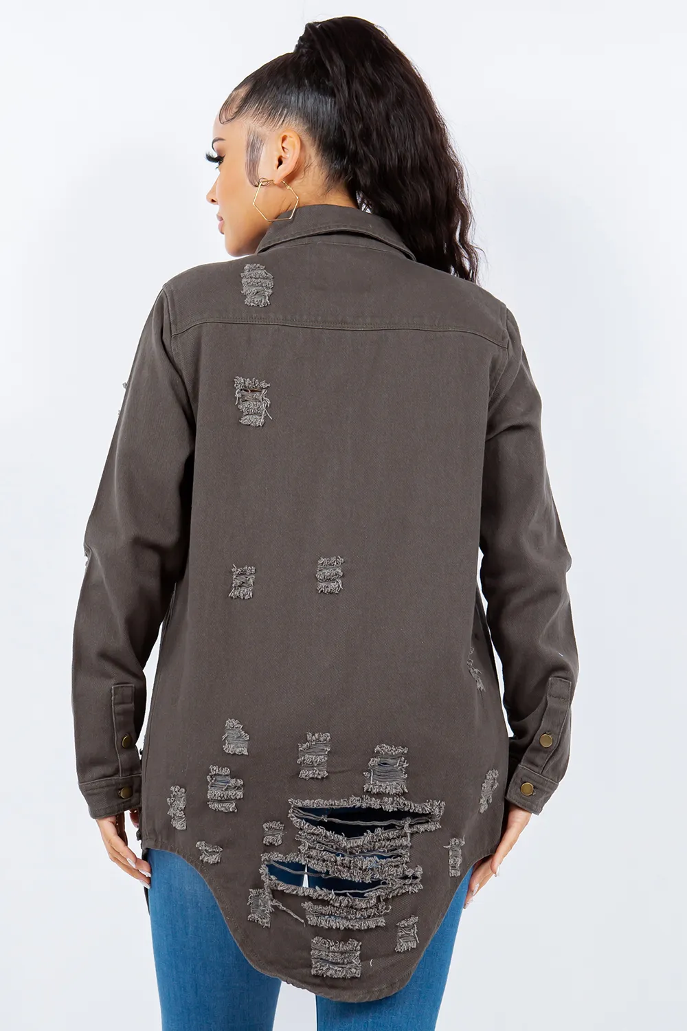 Distressed Button Up Long Sleeve Denim Jacket, image 2