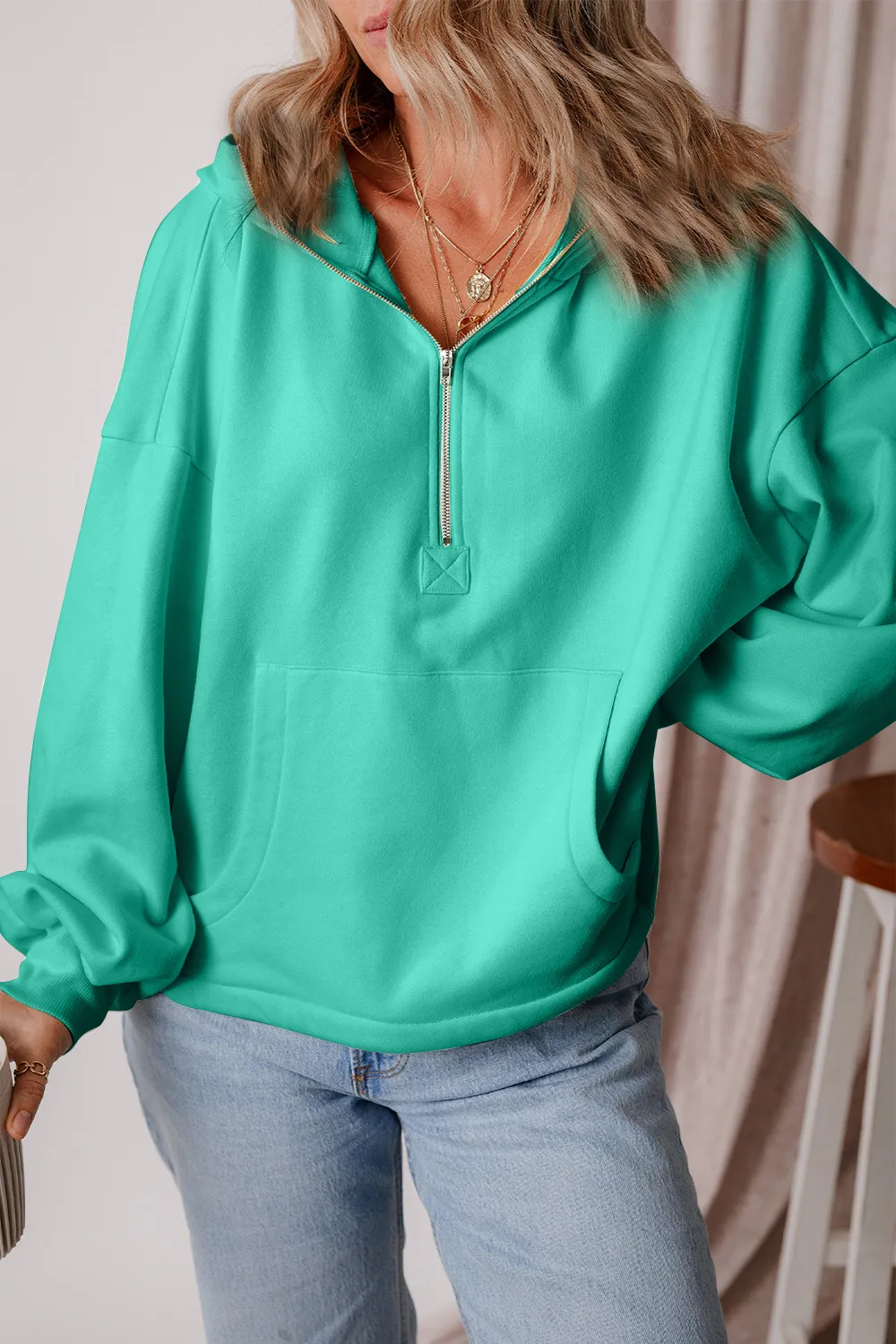 Pocketed Half Zip Dropped Shoulder Hoodie, image 9