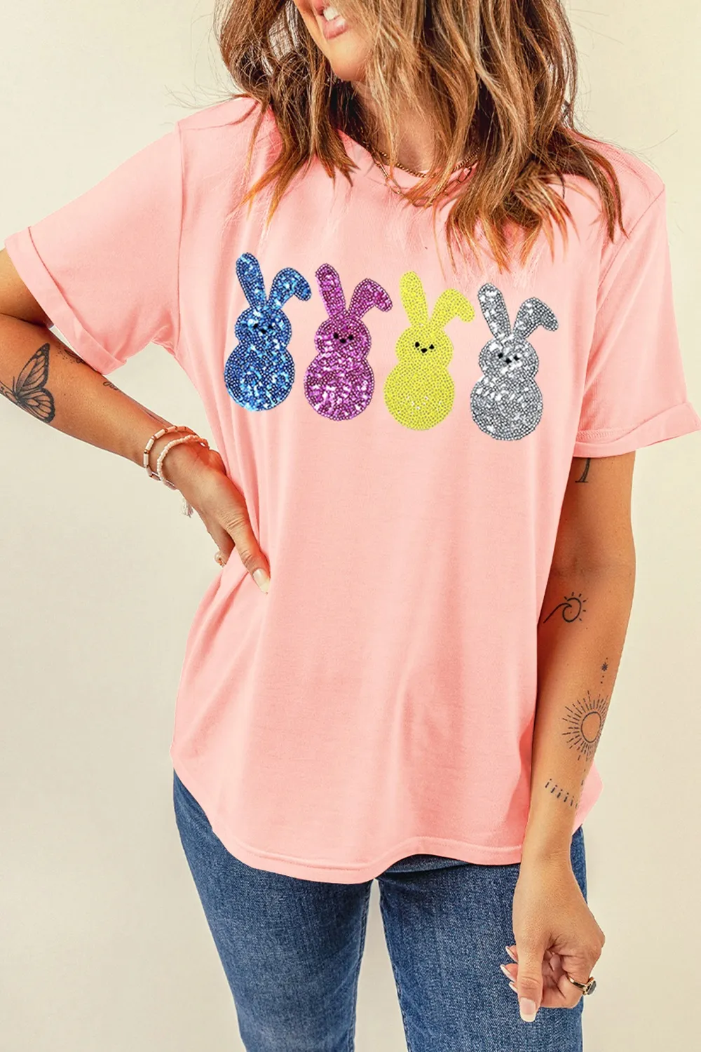 Sequin Bunny Round Neck Short Sleeve T-Shirt, image 4
