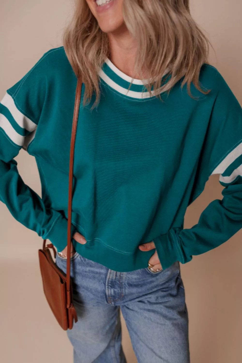 Contrast Striped Patchwork Round Neck Drop Shoulder Sweatshirt, image 6