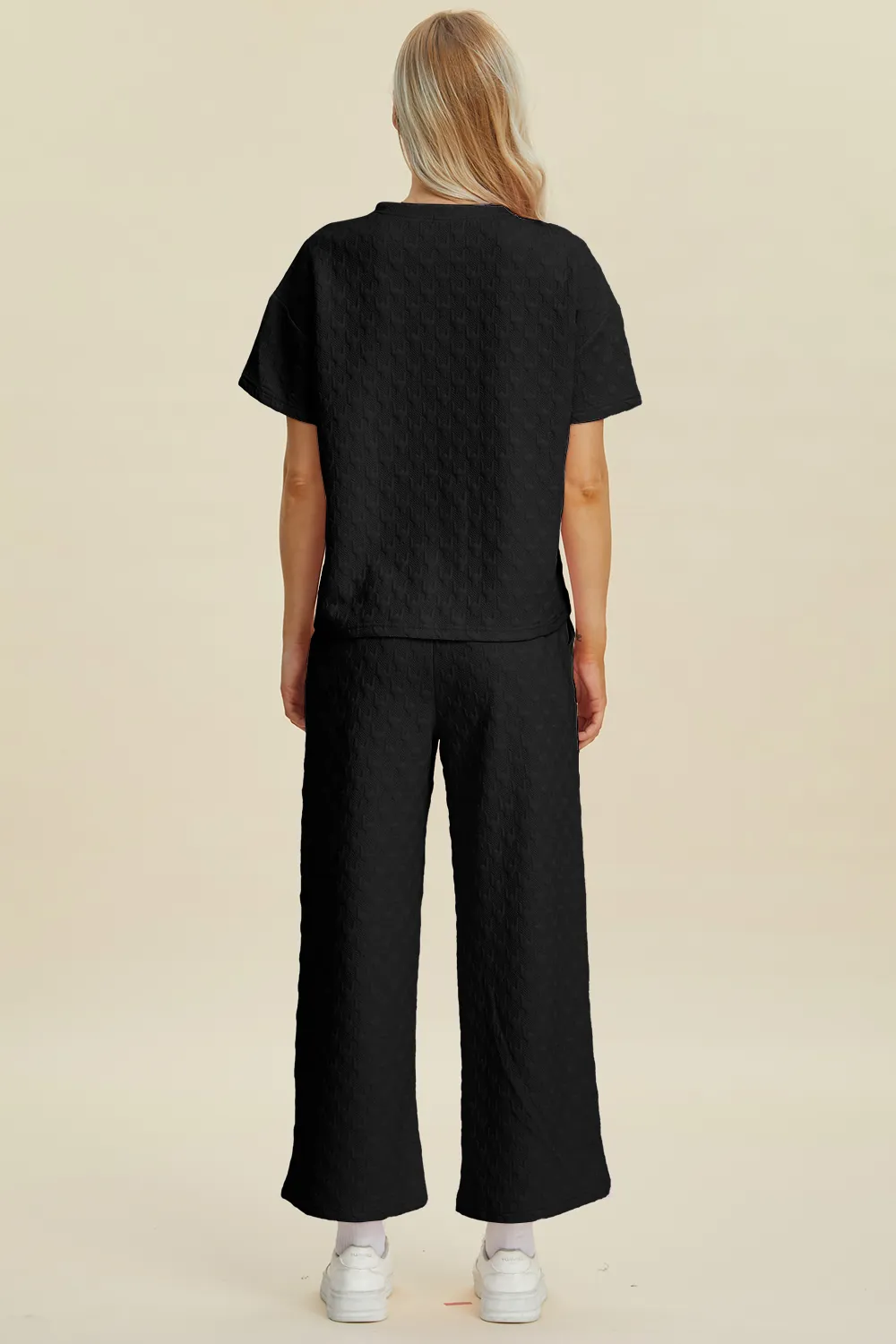 Full Size Texture Round Neck Short Sleeve Top and Pants Set, image 7