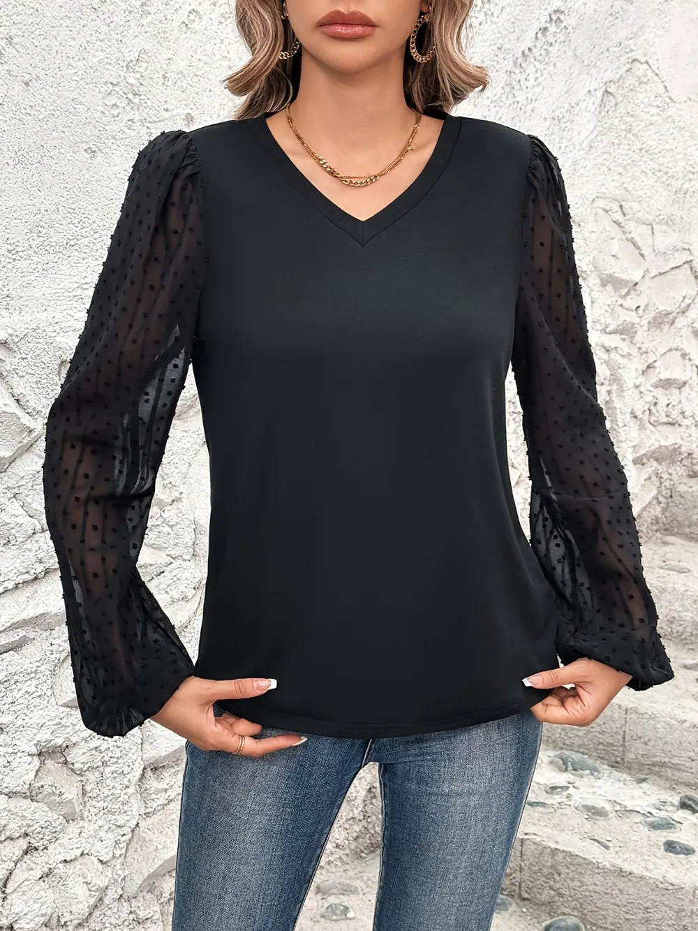 Full Size V-Neck Swiss Dot Long Sleeve Blouse, image 3