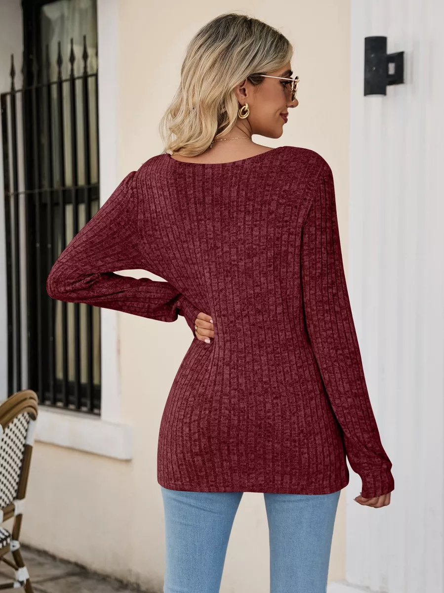 Ribbed Square Neck Long Sleeve T-Shirt, image 12