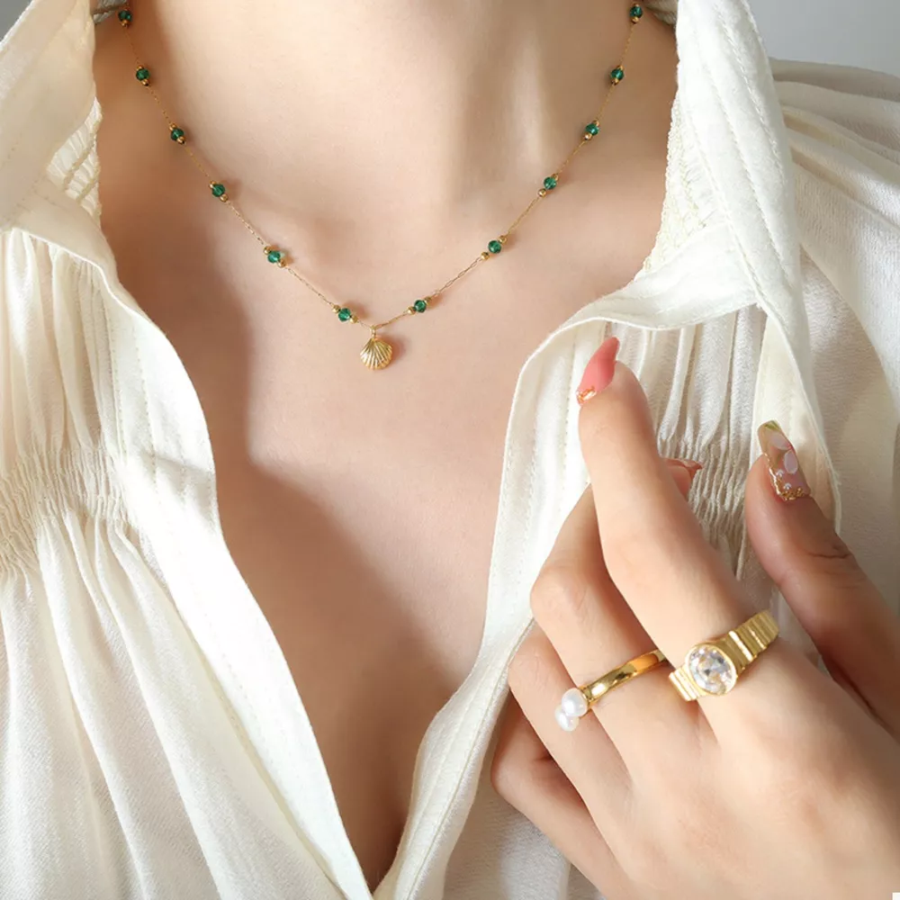 18K Gold-Plated Titanium Steel Crystal Bead Pendant Necklace