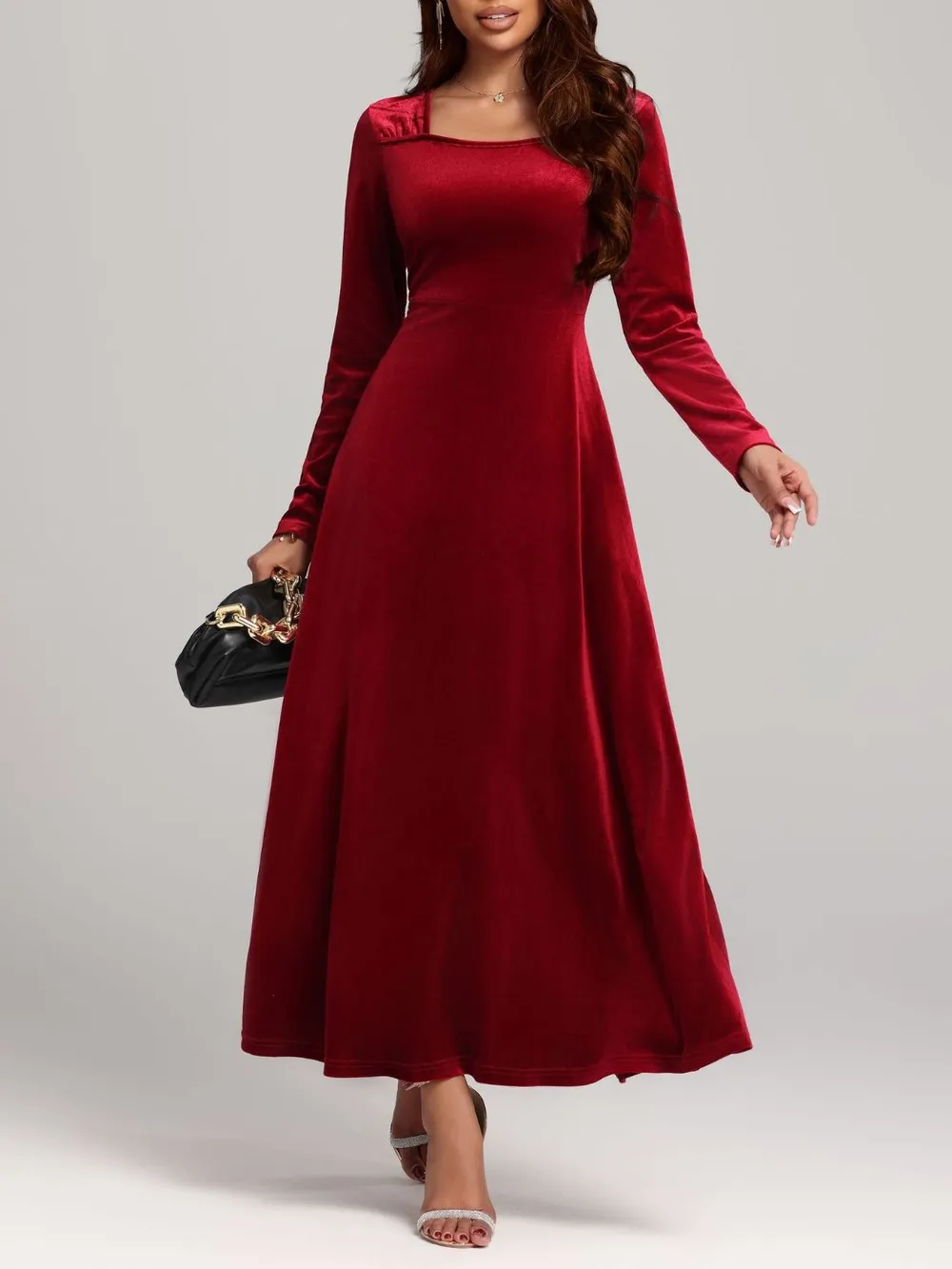 Square Neck Long Sleeve Velvet Dress, image 4