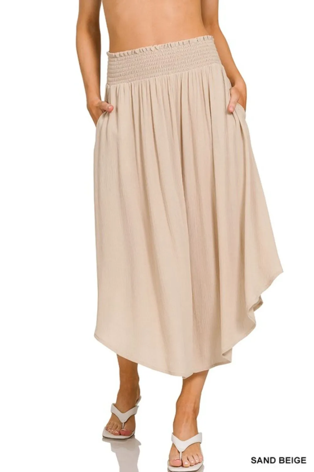 Woven Crinkle Smocked Waist Maxi Skirt W Pockets, image 2