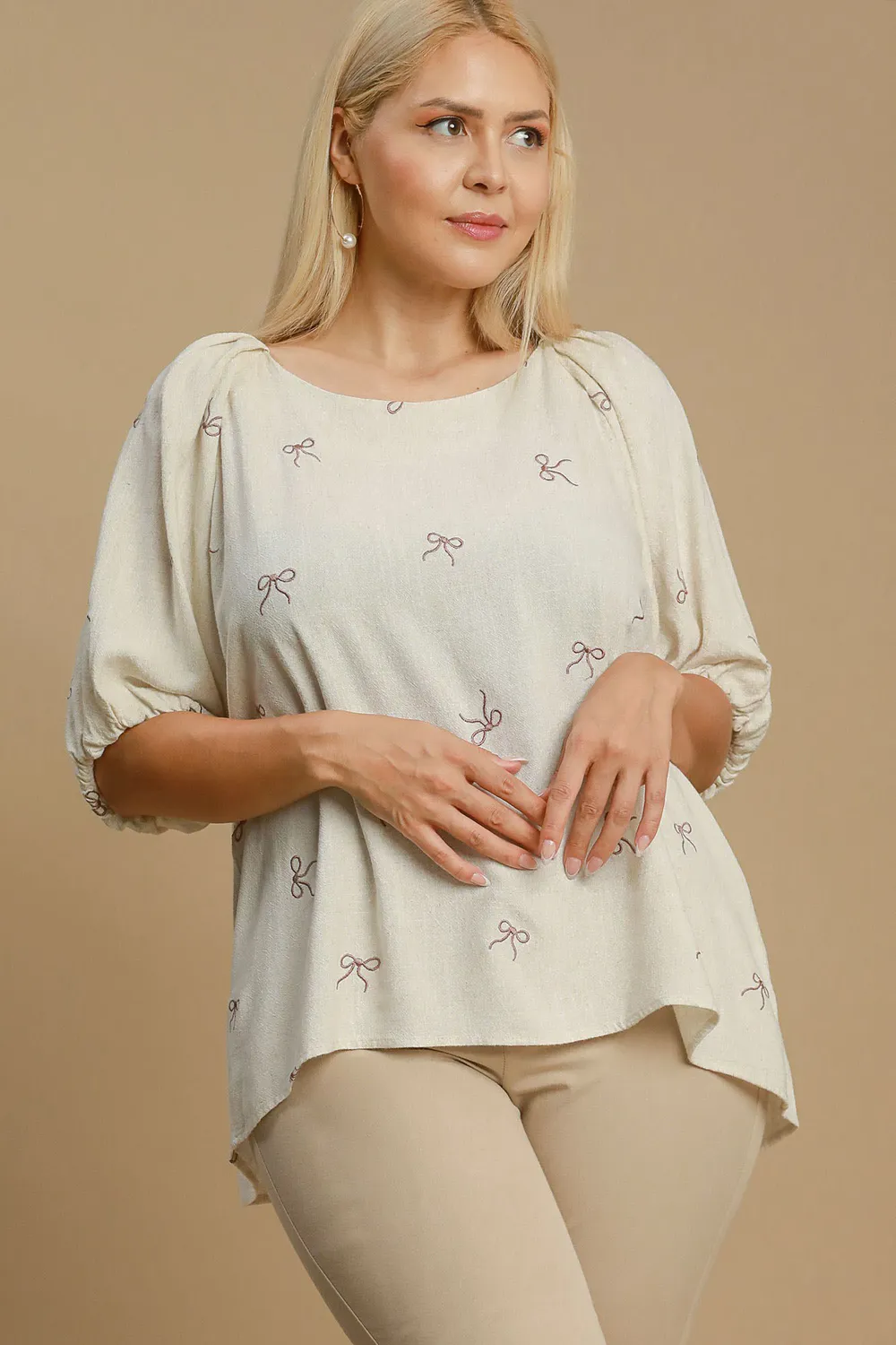 Full Size Linen Blend Ribbon Embroidered Top Plus Size, image 4