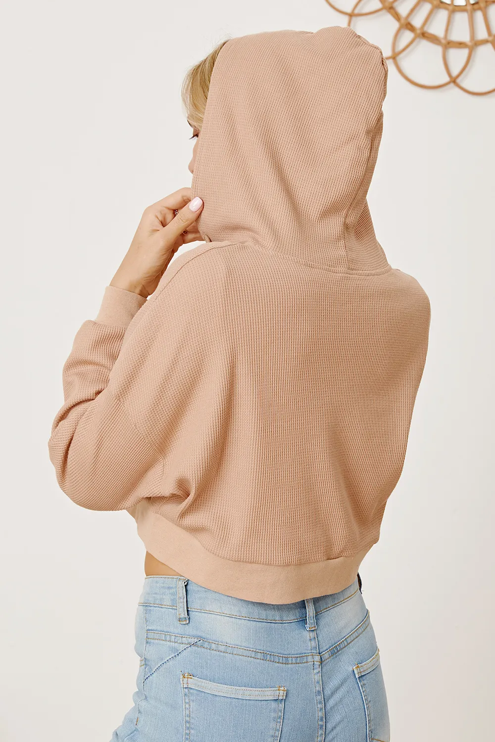 Waffle-Knit Drawstring Zip Up Hoodie, image 6