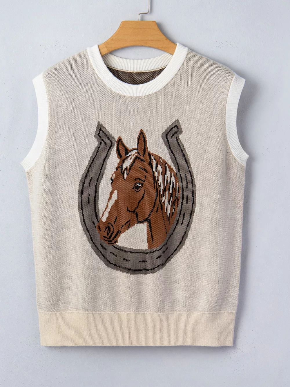Horse Shoe Print Color Block Trim Round Neck Sleeveless Sweater, image 7