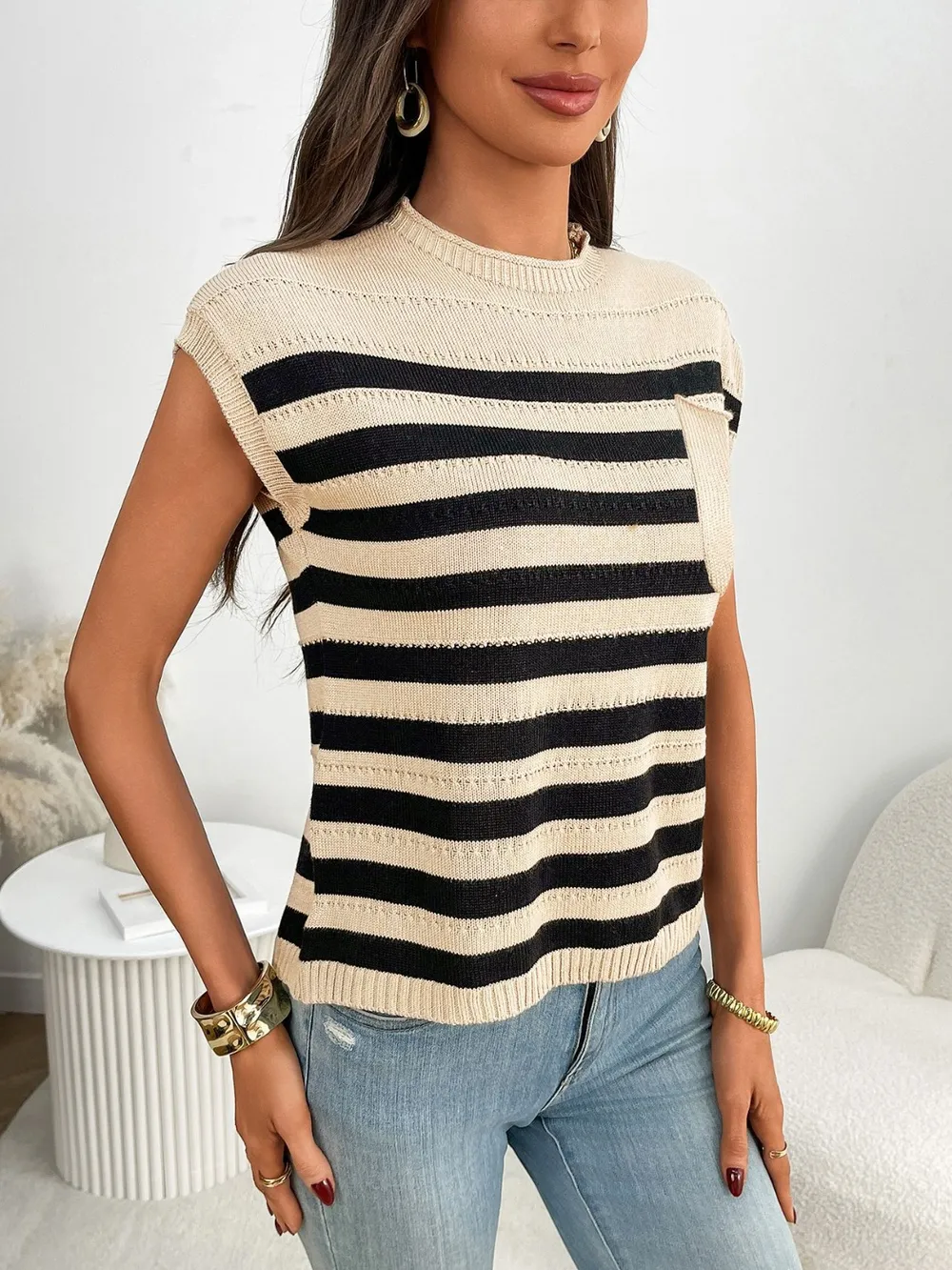 Striped Mock Neck Cap Sleeve Knit Top, image 8
