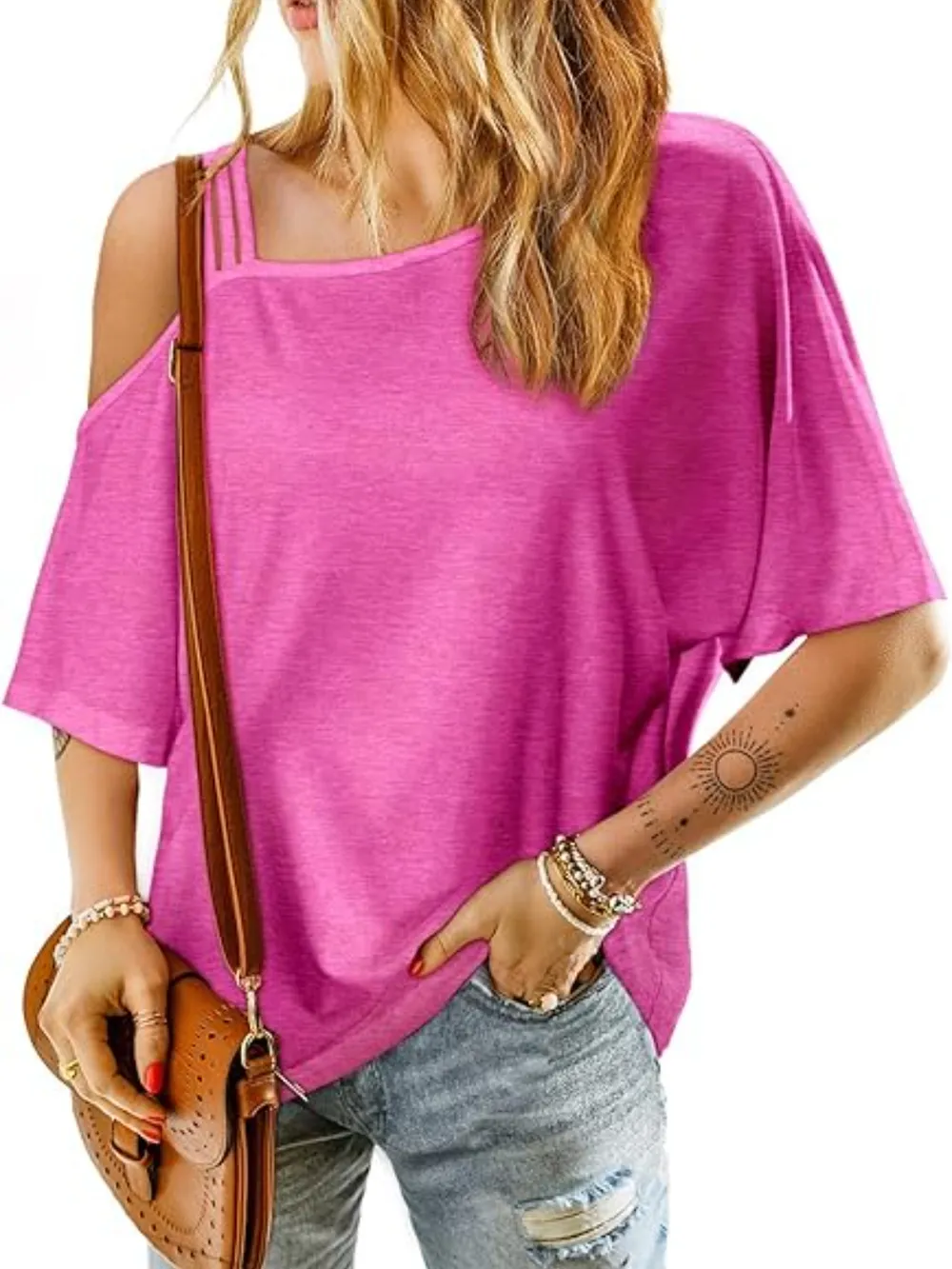 Asymmetrical Neck Half Sleeve T-Shirt, image 2
