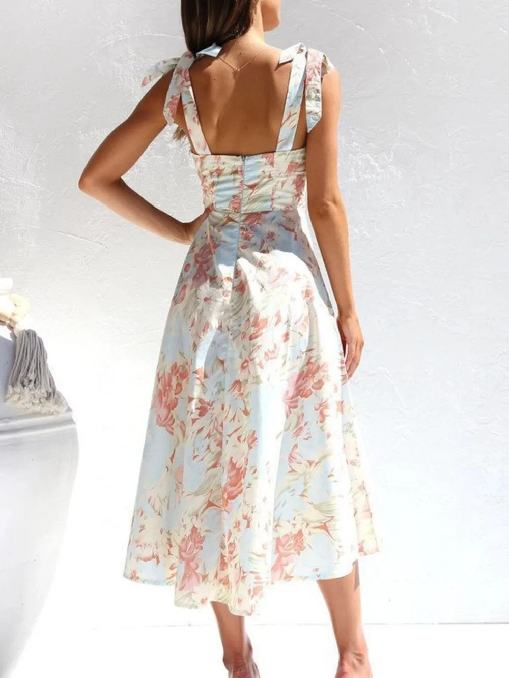 Floral Tie-Strap Sweetheart Neck Midi Dress, image 3