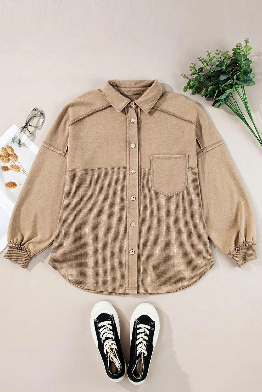 Waffle-Knit Collared Neck Long Sleeve Shacket, image 4
