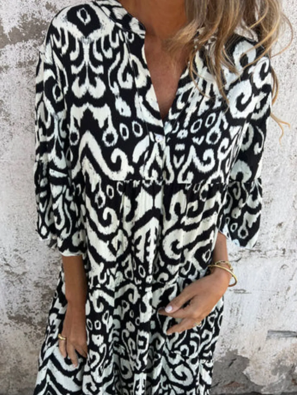 Full Size Printed Notched Half Sleeve Dress Plus Size, image 5