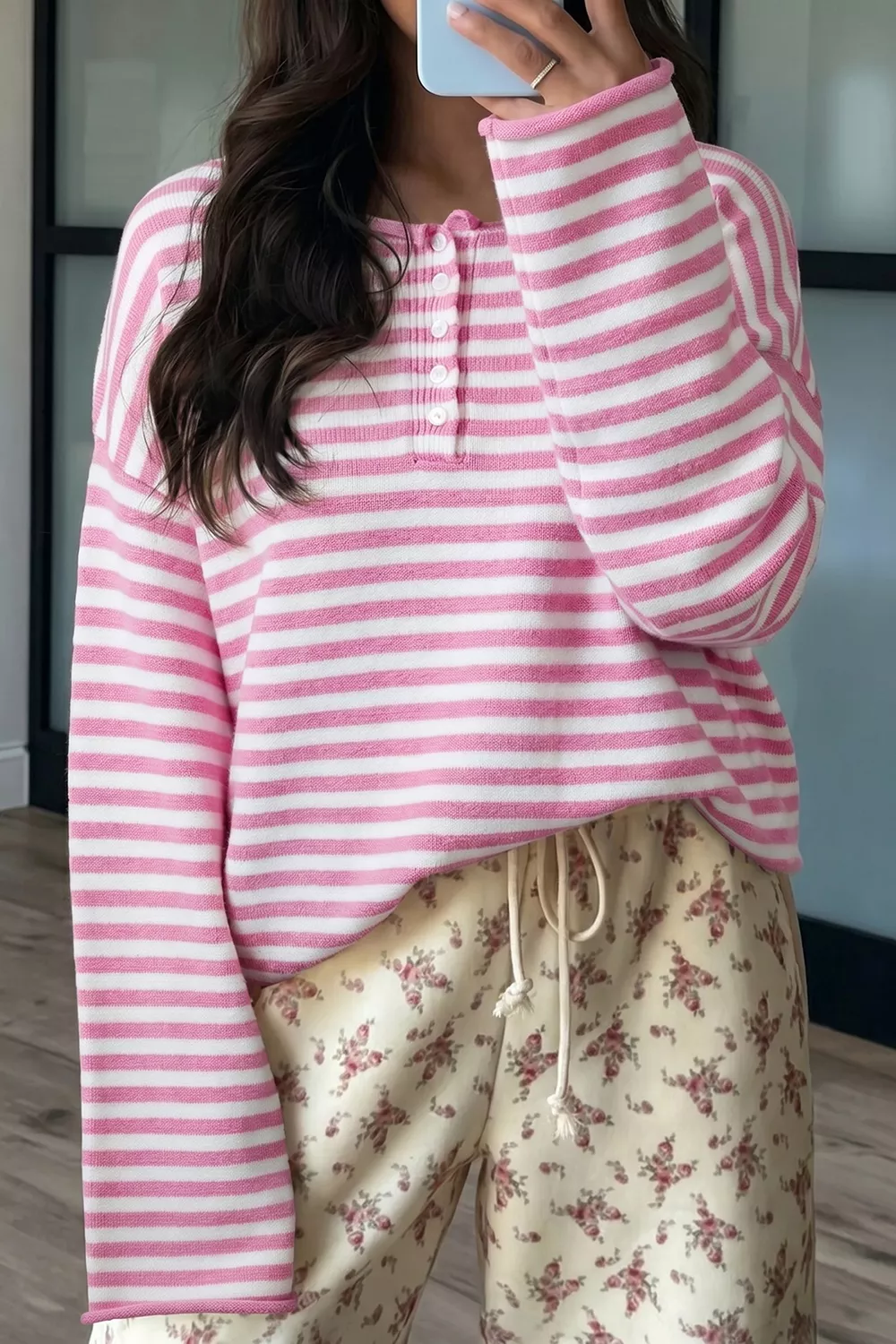 Striped Button Placket Drop Shoulder Long Sleeve Sweater, image 3