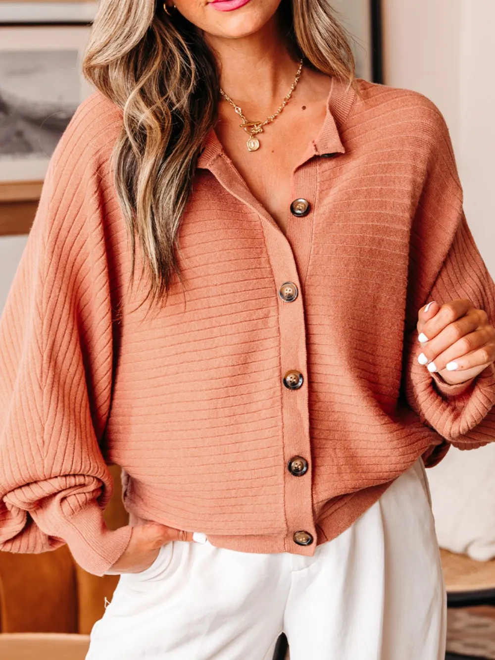 Rib Knit Button Front Dolman Sleeve Sweater Cardigan, image 4