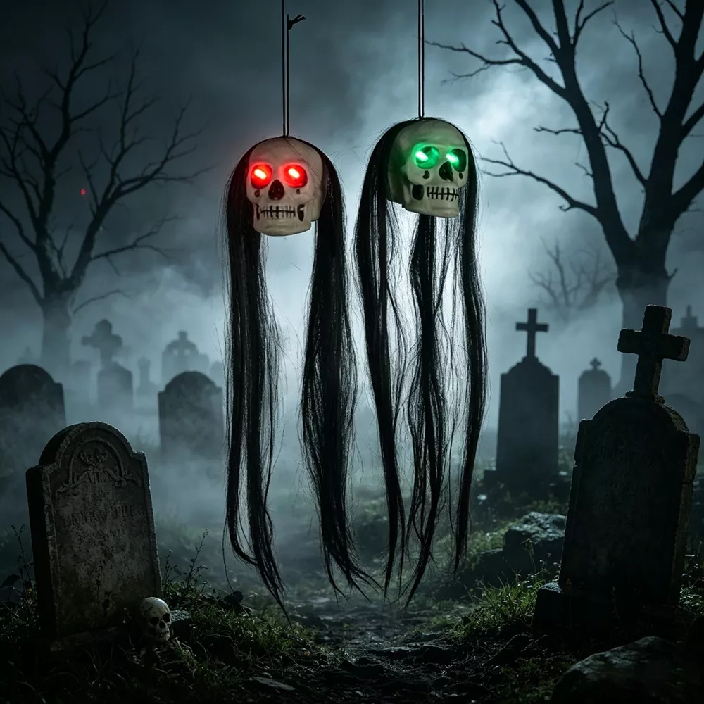 Halloween Hanging Dual-Skull with Glowing Eyes and Long Hair, image 4