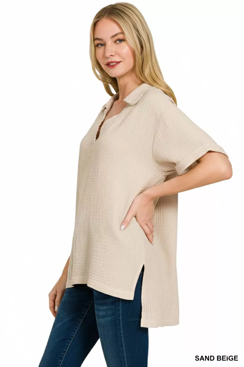 Double Gauze Short Sleeve High-Low Top, image 2