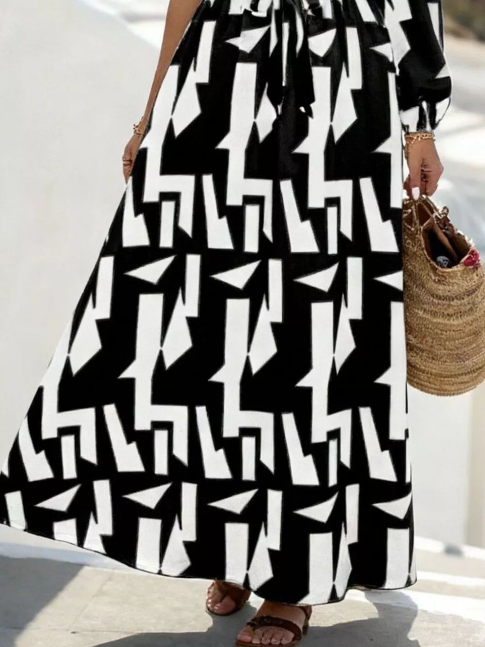 One-Shoulder Geometric Print Maxi Dress with Waist Tie, image 3