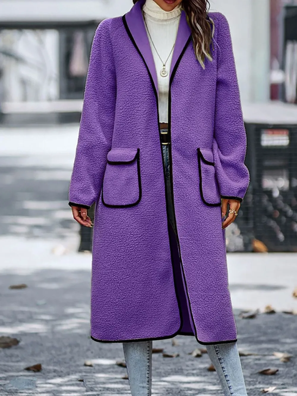 Full Size Contrast Trim Long Sleeve Coat with Pockets, image 9