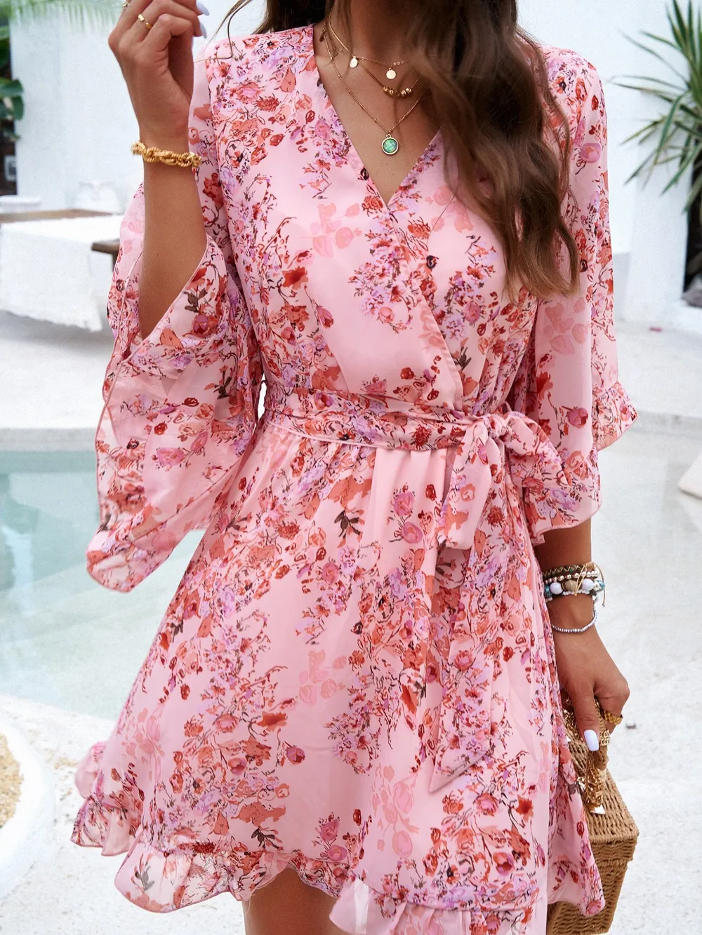Ruffled Printed Surplice Half Sleeve Mini Dress, image 4