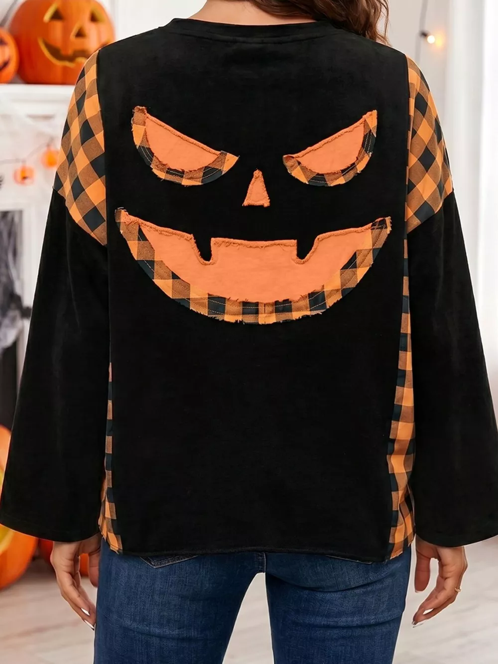 Patchwork Plaid Pumpkin Face Long Sleeve Top, image 3