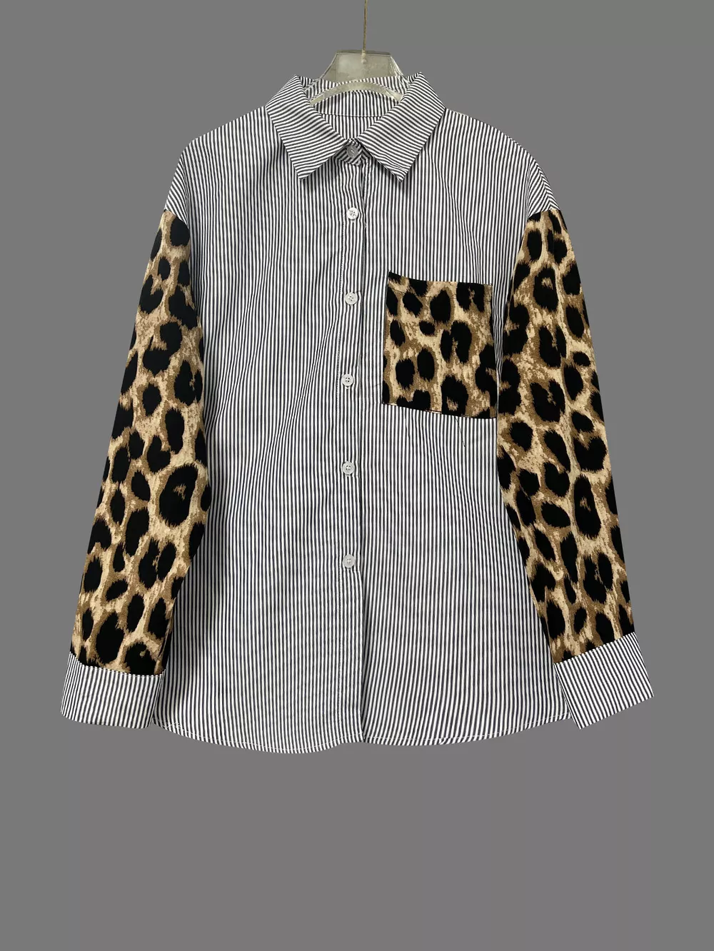 Striped & Leopard Print Button Up Shirt, image 3