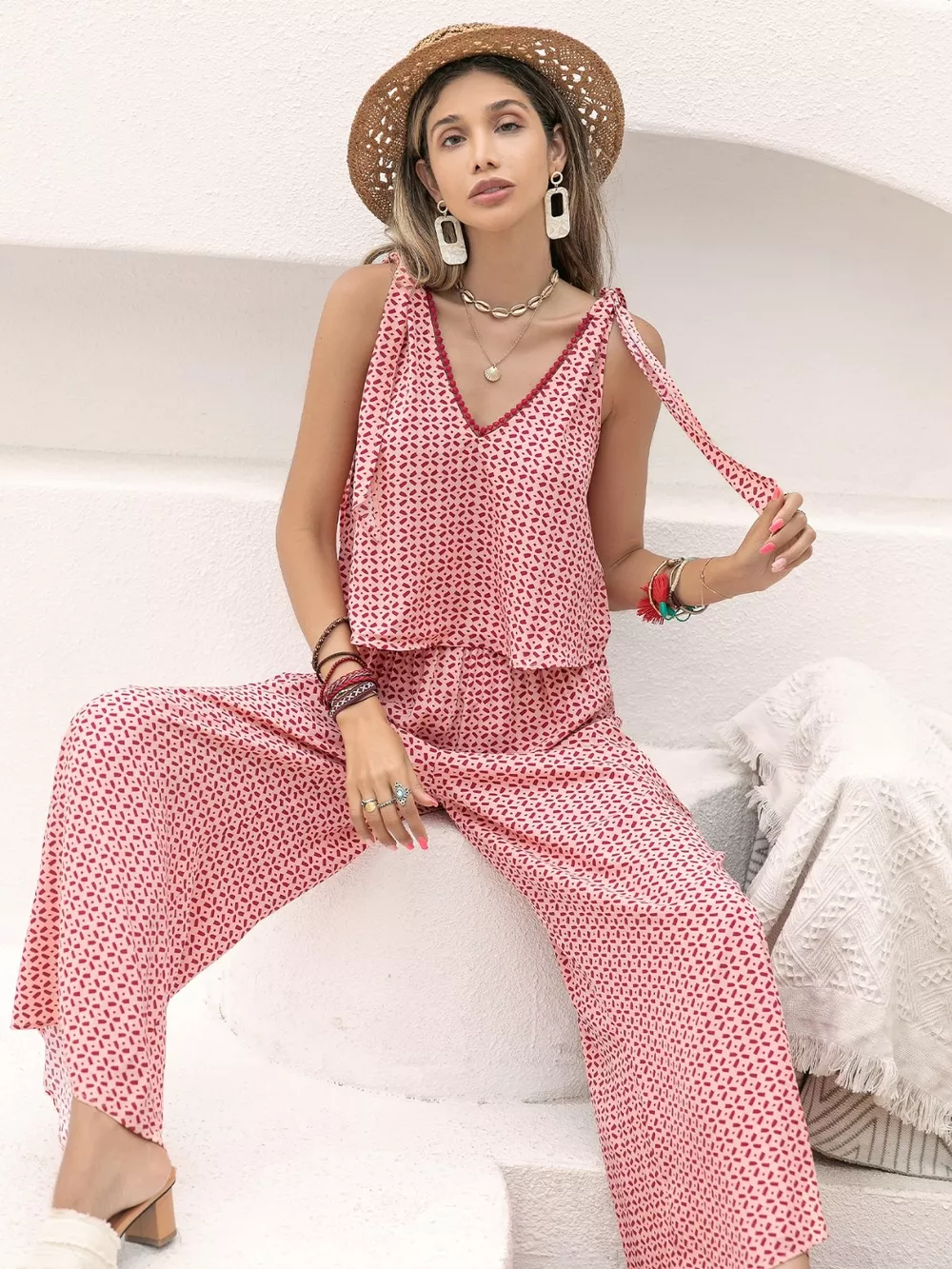 Gingham Tie Shoulder Top and Pants Set, image 3