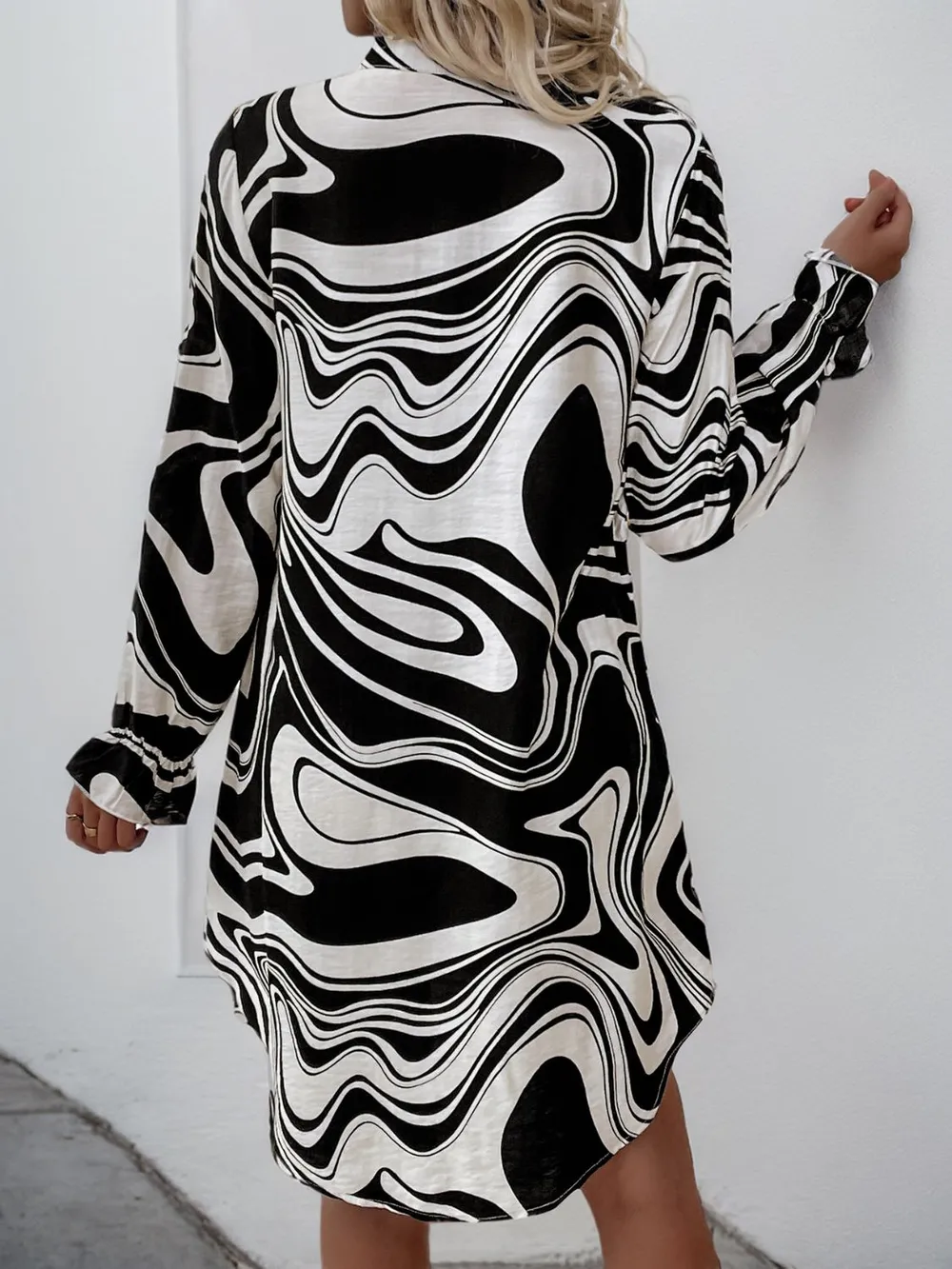 Ruffled Printed V-Neck Long Sleeve Dress, image 3