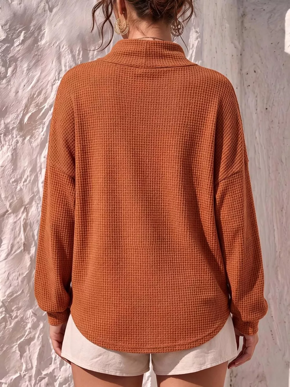 Full Size Waffle Knit Mock Neck Long Sleeve T-Shirt Plus Size, image 2