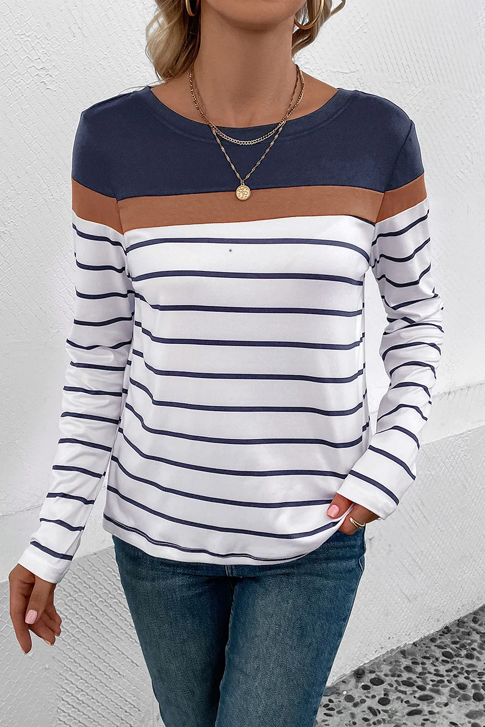 Striped Round Neck Long Sleeve T-Shirt, image 4