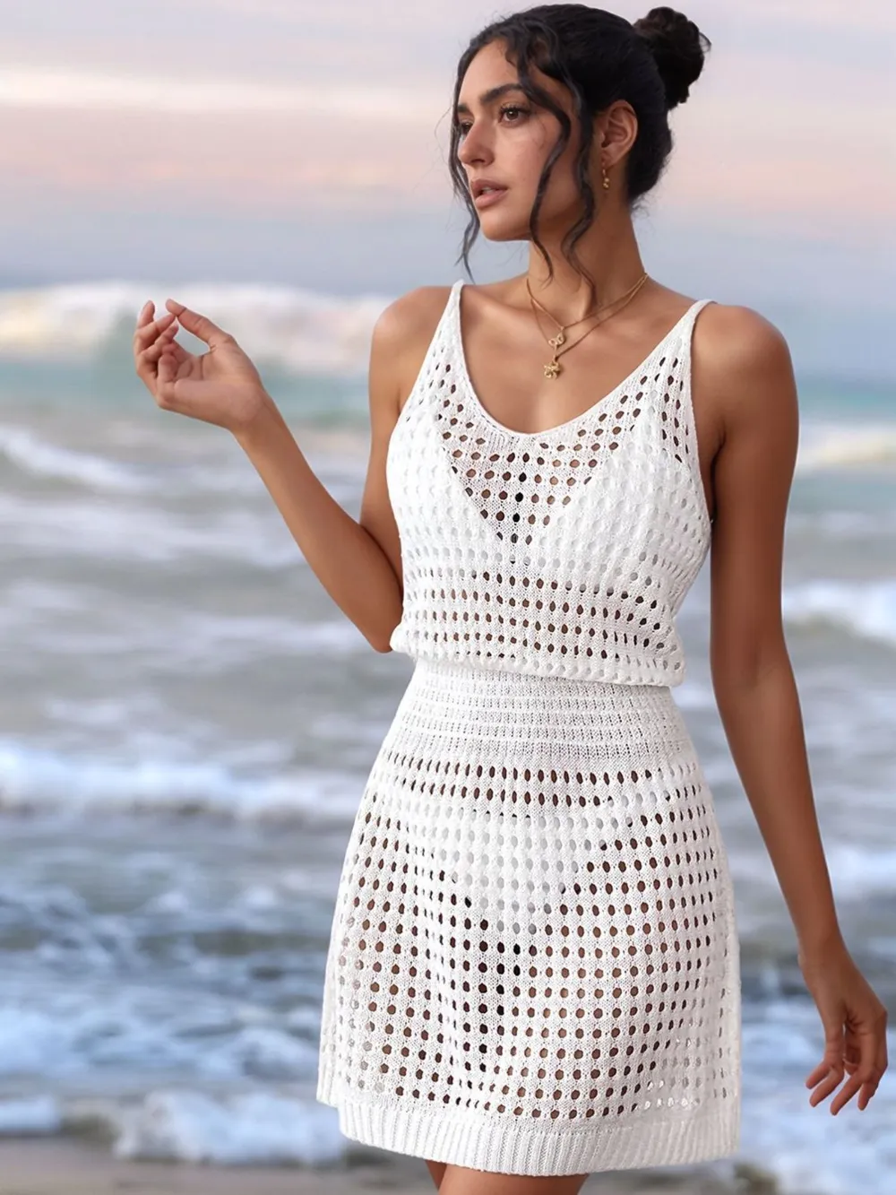 Openwork Sleeveless Knit Cover Up Dress, image 3