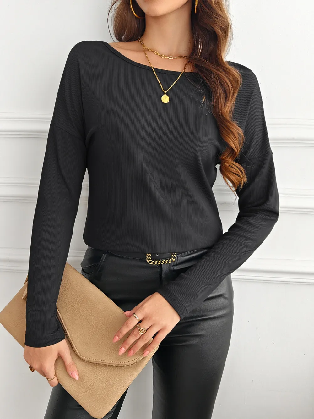 Lace Detail Butterfly Back Round Neck Long Sleeve T-Shirt, image 11