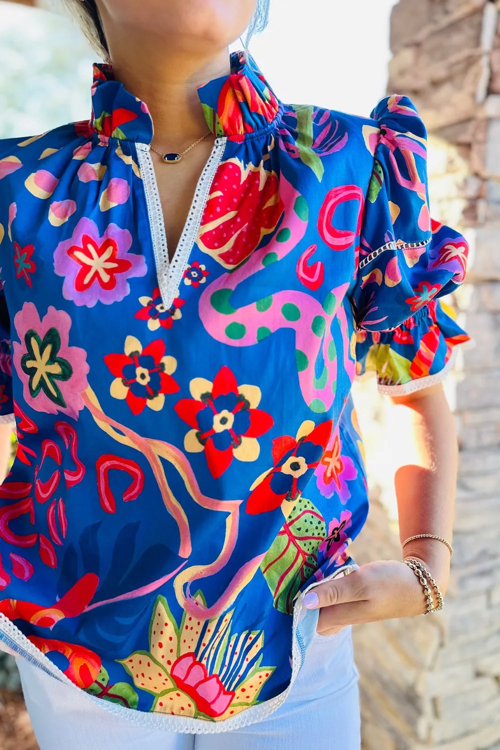 Abstract Print Frilled Collar Ruffled Puff Short Sleeve Top, image 4