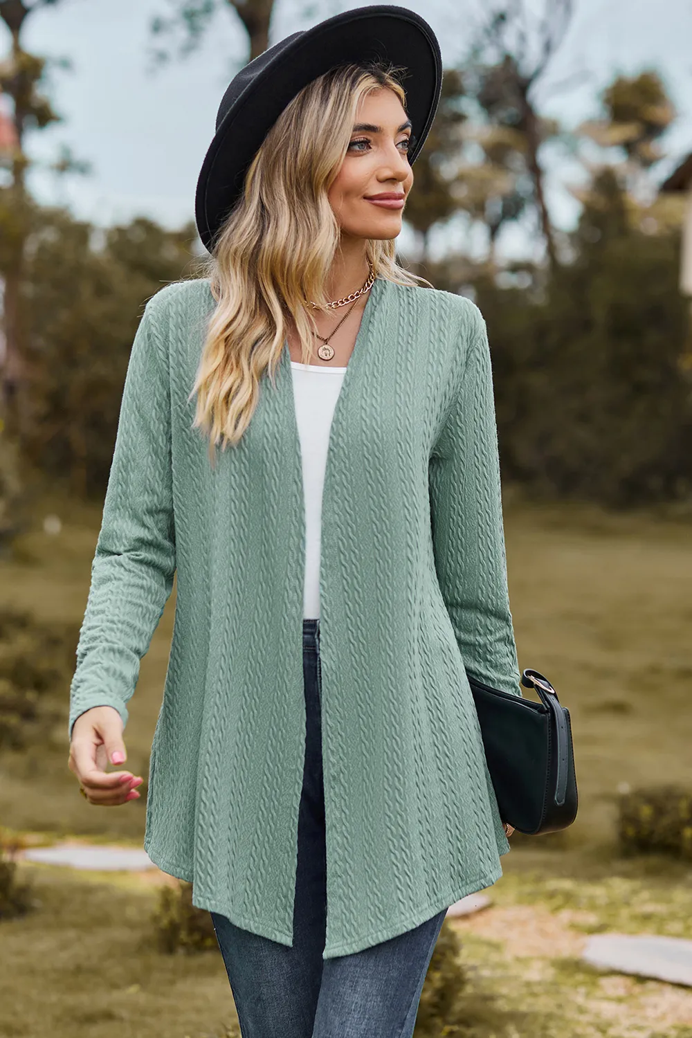 Textured Open Front Long Sleeve Cardigan, image 11