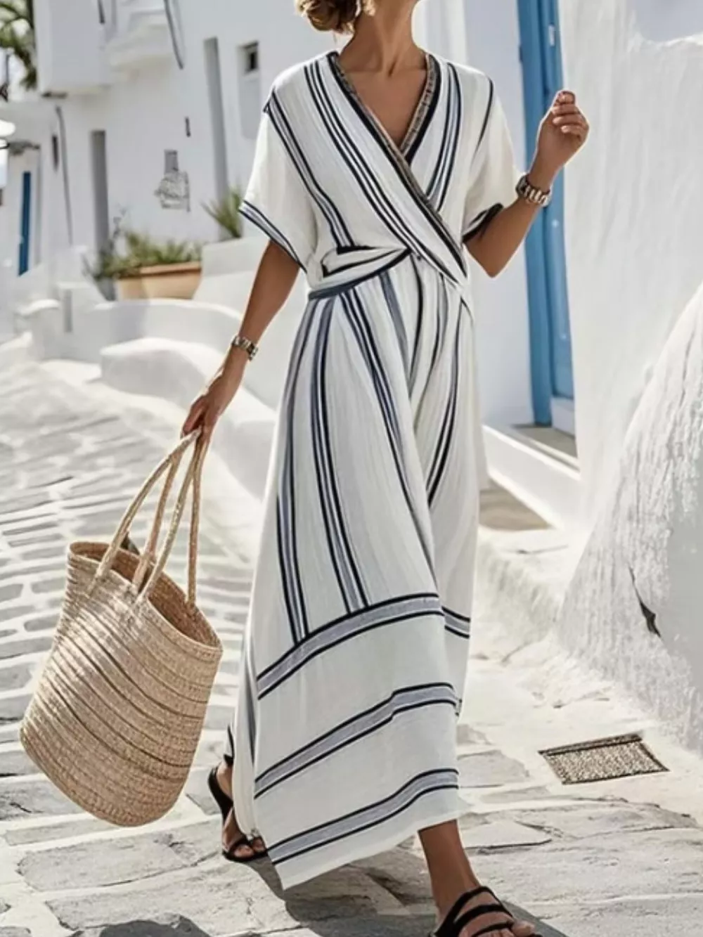 Full Size Striped Short Sleeve Wrap Maxi Dress Plus Size, image 2