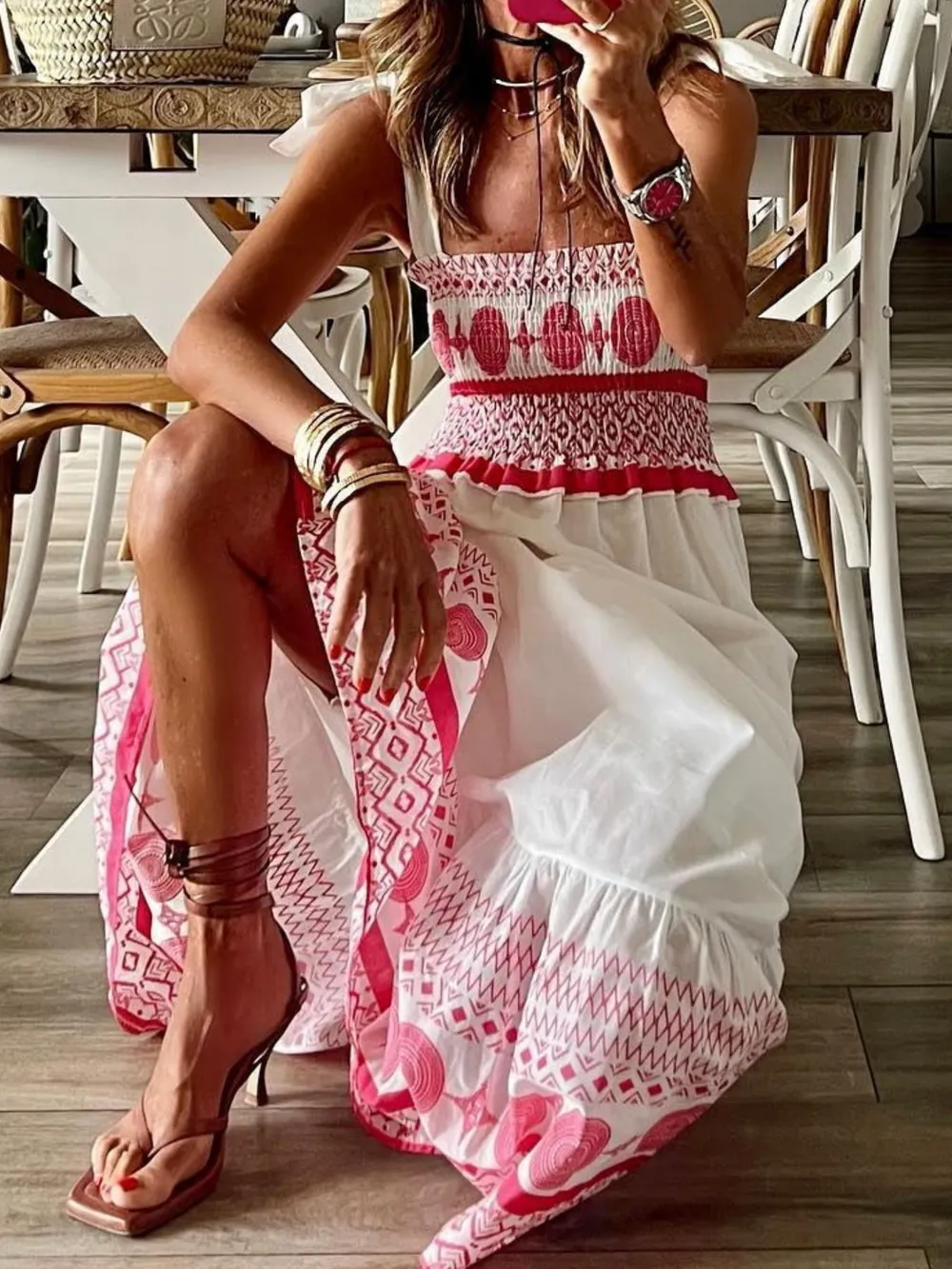 Smocked Printed Tie Shoulder Maxi Dress, image 2