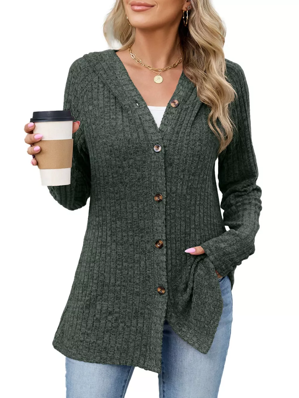 Ribbed Knit Hooded Button-Down Cardigan, image 16