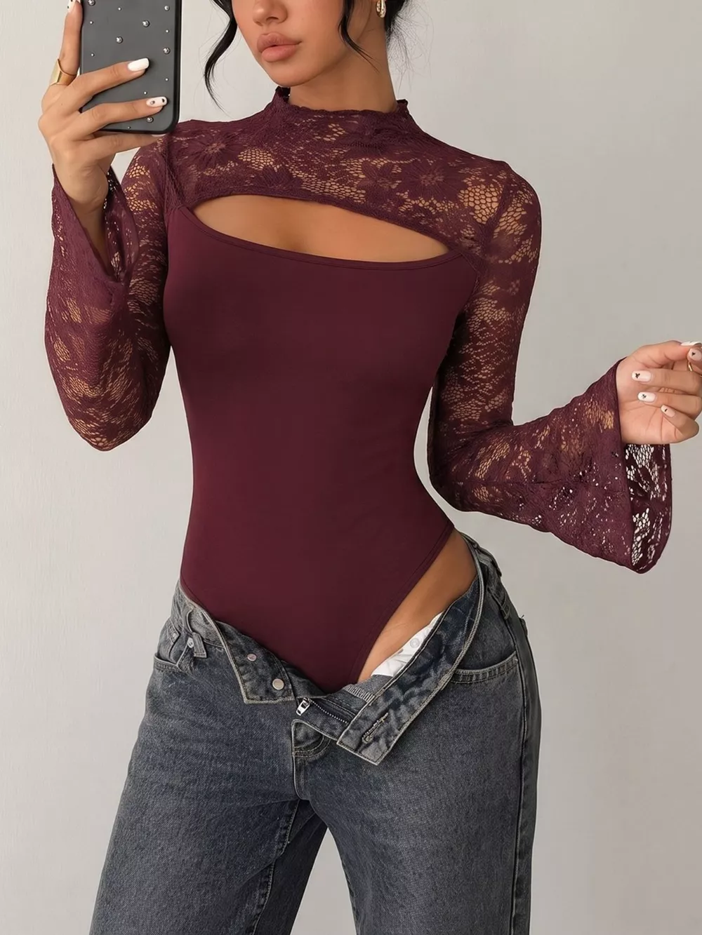 Lace Cut-out Flare Sleeve Bodysuit, image 4