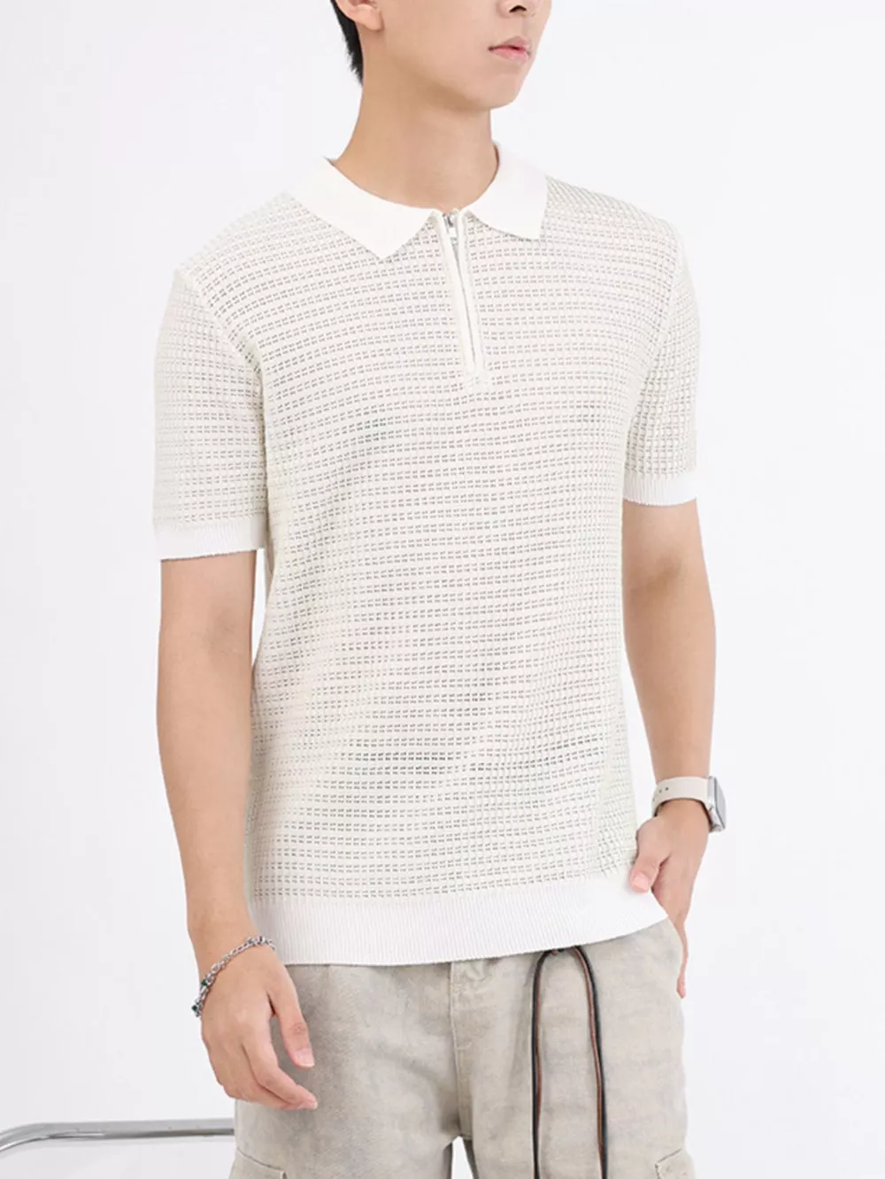 Men's Plus Size Striped Knitted Zip-Up Polo, image 5