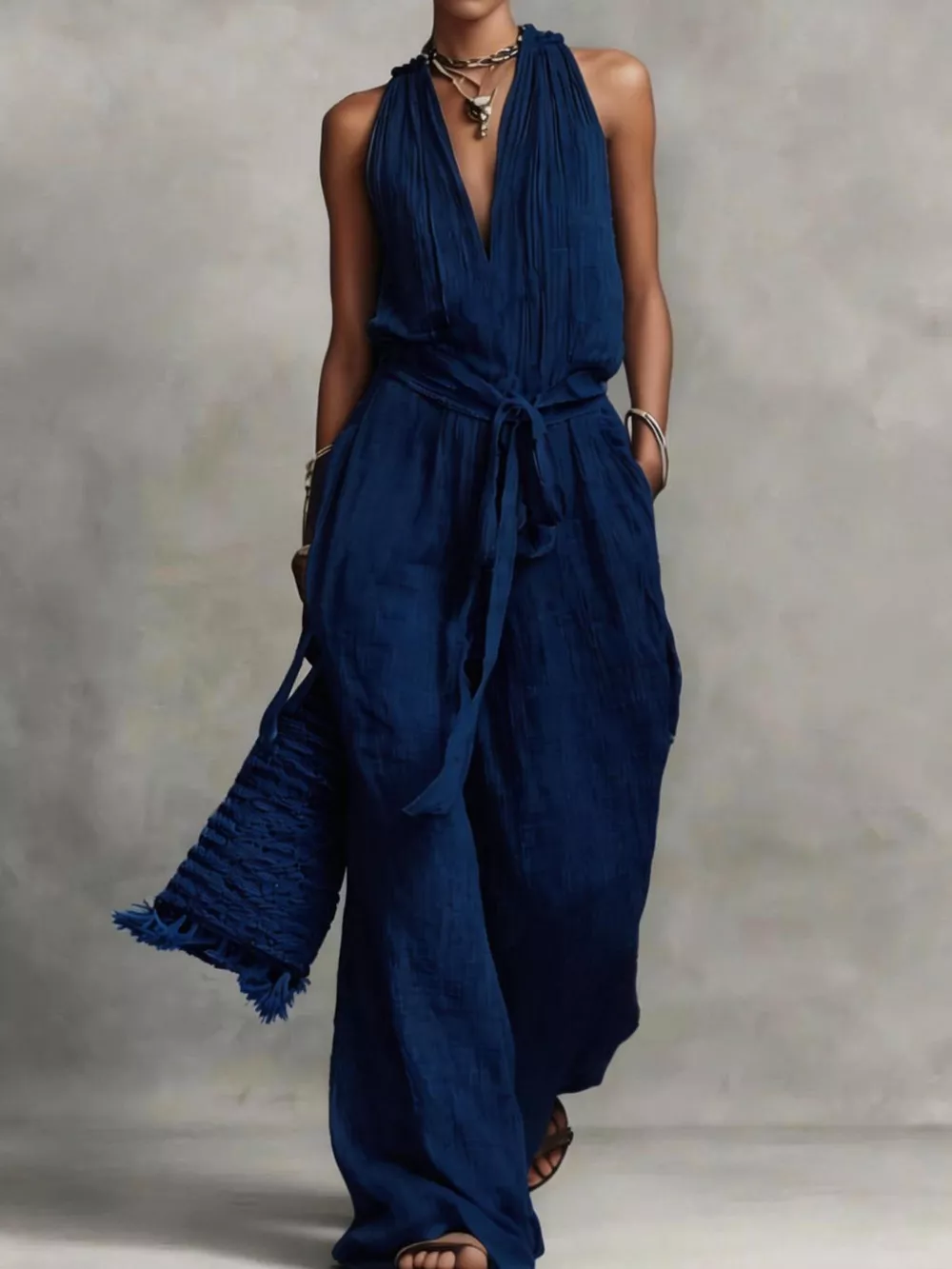 Sleeveless Wide-Leg Jumpsuit with Tie-Waist, image 3