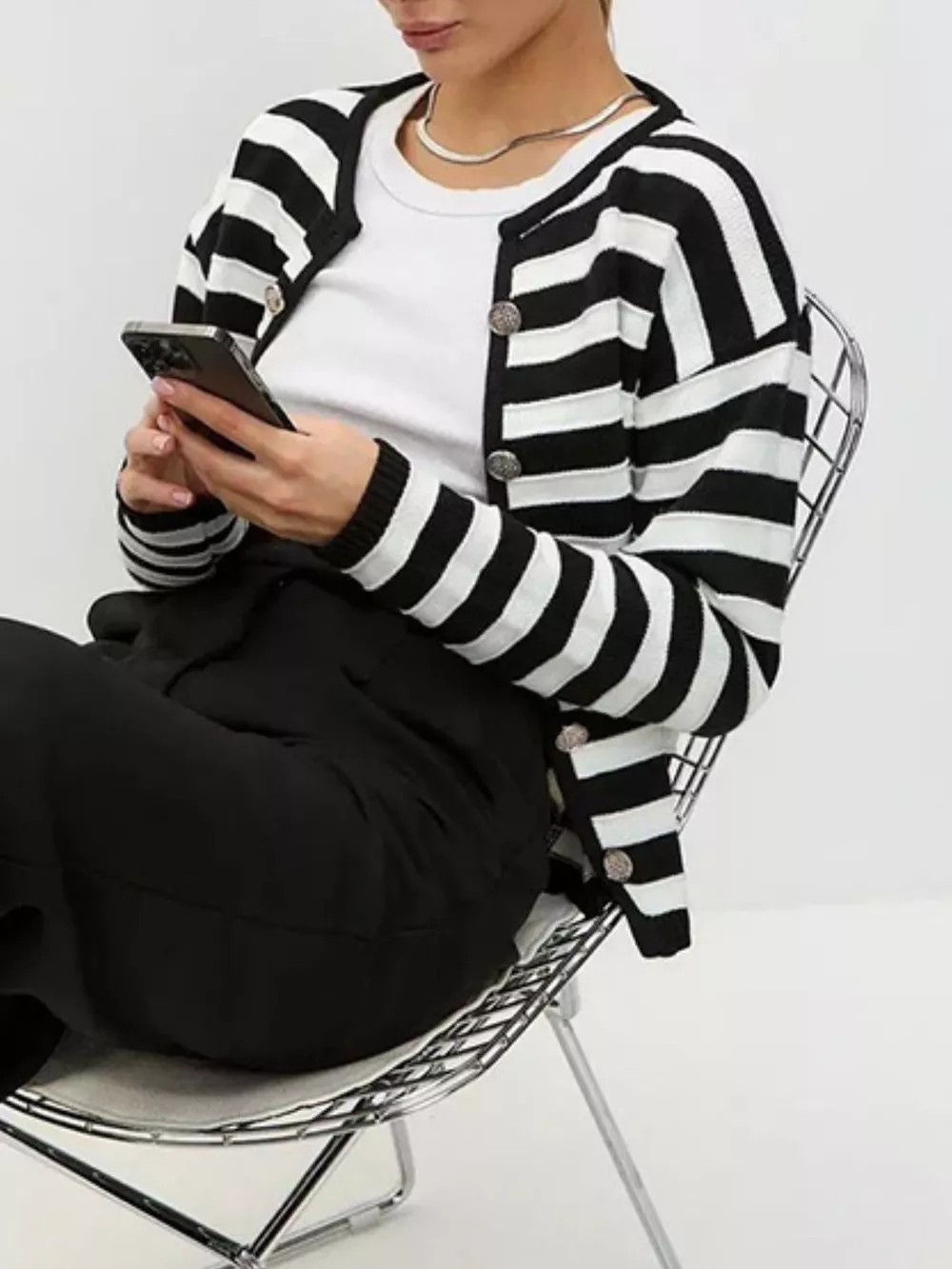 Striped Button-Down Knit Cardigan, image 4
