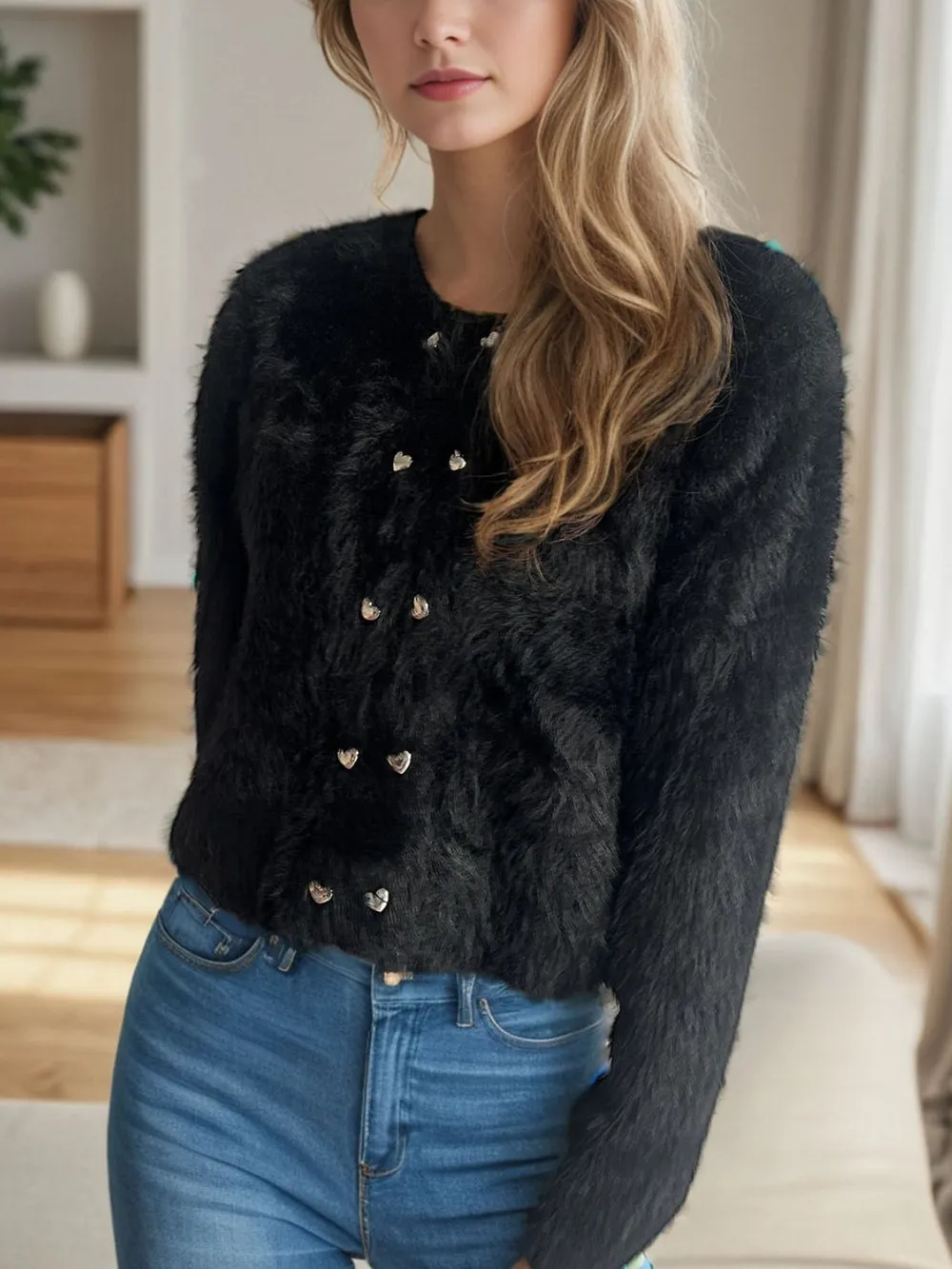 Heart Button Round Neck Cardigan, image 14