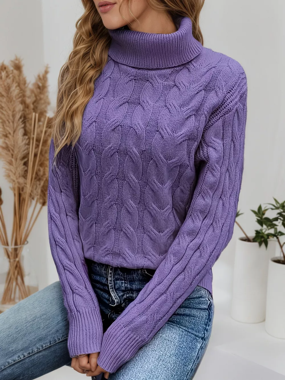 Cable Knit Turtleneck Long Sleeve Sweater, image 28