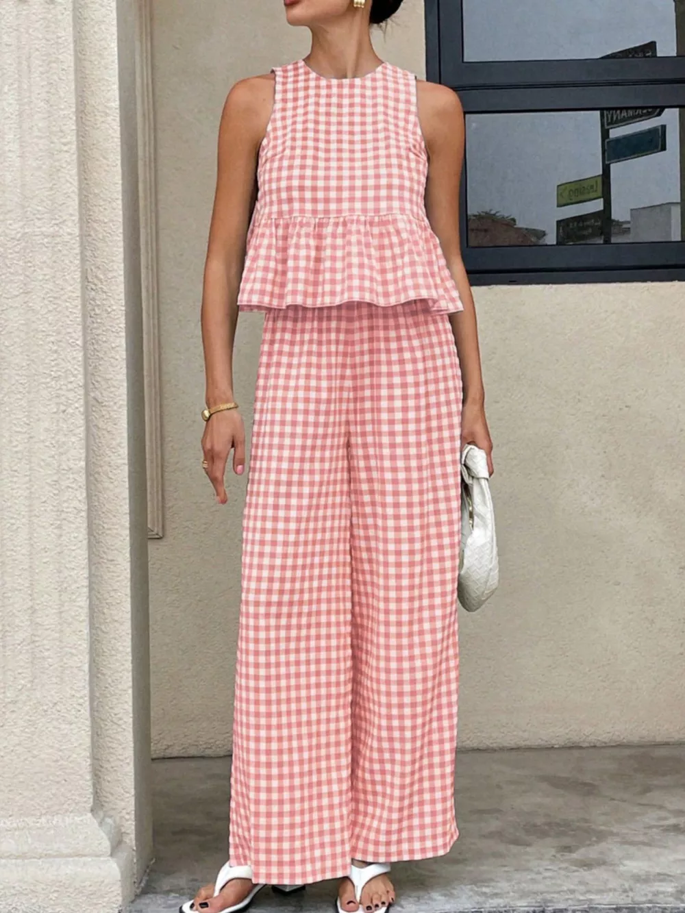Gingham Sleeveless Top and Wide-Leg Pants Set, image 5