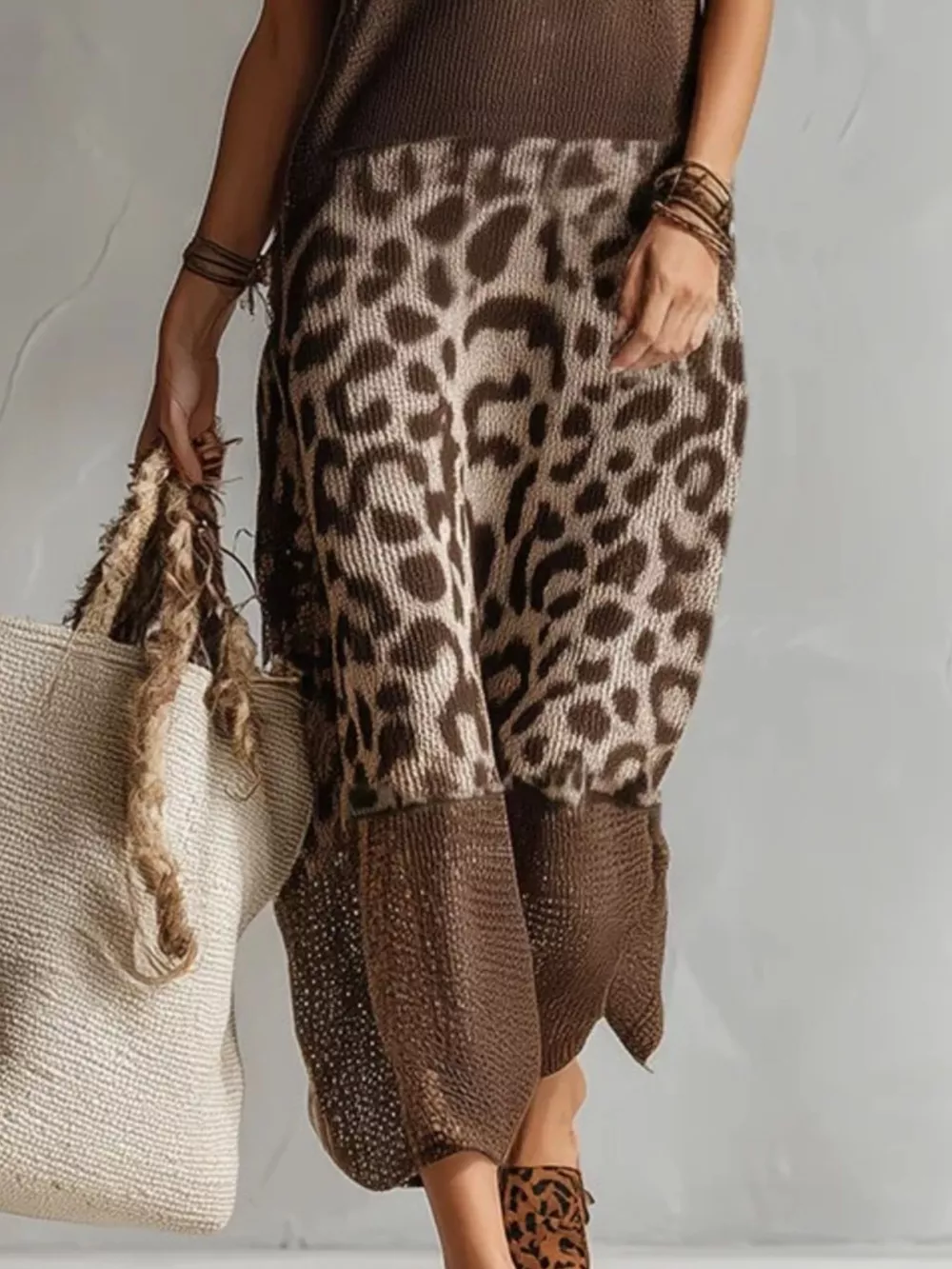 Full Size Sleeveless Color-Block Leopard Sweater Dress Plus Size, image 3